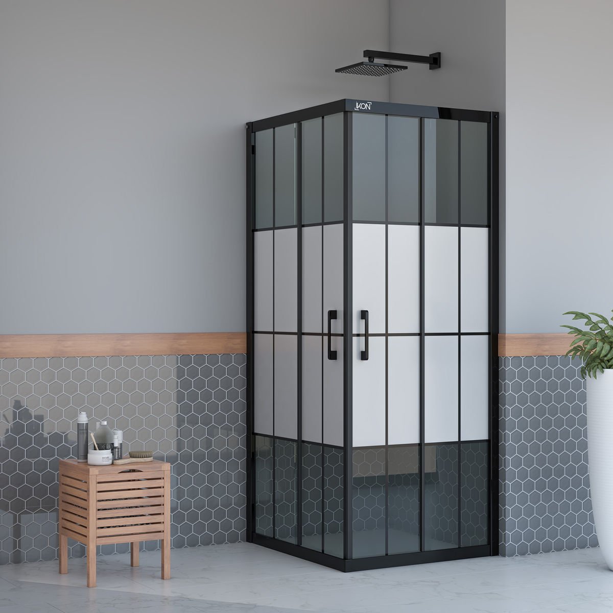 Enzo Kare | Mat Siyah Füme Karolaj Orta Buzlu Duş Kabini H:190