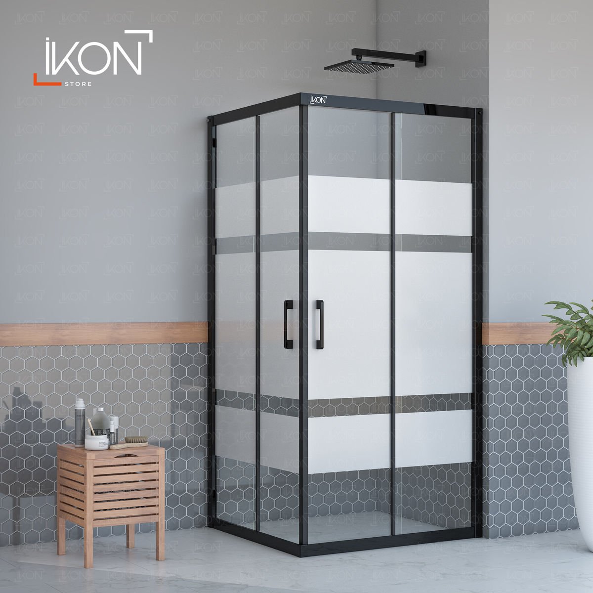 Enzo Dikdörtgen | Mat Siyah Buzlu 01 Duş Kabini H:190