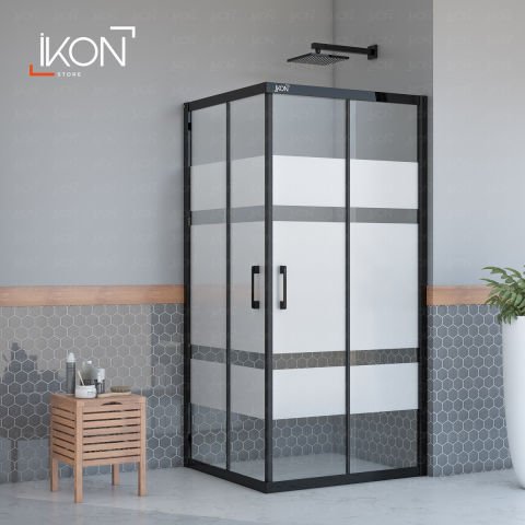 Enzo Dikdörtgen | Mat Siyah Buzlu 01 Duş Kabini H:190