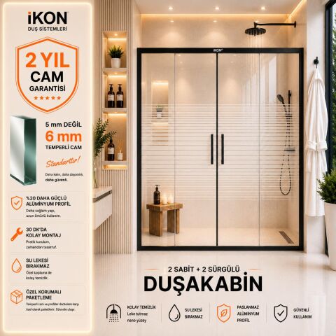 Enzo 2 Sabit 2 Sürgü | Mat Siyah Buzlu 02 Duş Kabini H:190