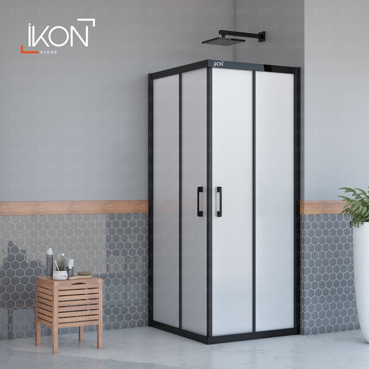 Enzo Kare | Mat Siyah Buzlu 04 Duş Kabini H:190