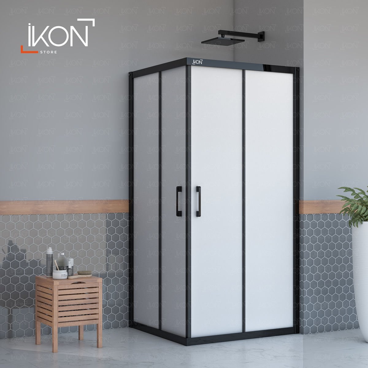 Enzo Dikdörtgen | Mat Siyah Buzlu 04 Duş Kabini H:190