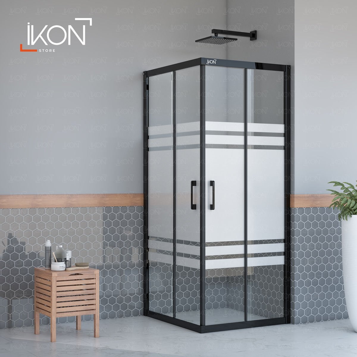 Enzo Kare | Mat Siyah Buzlu 05 Duş Kabini H:190