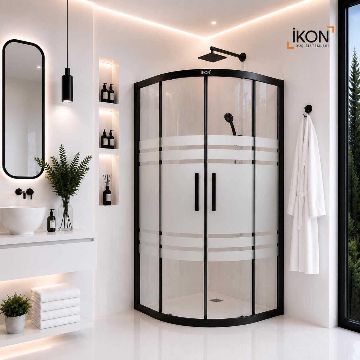 Enzo Oval | Mat Siyah Buzlu 05 Duş Kabini H:190