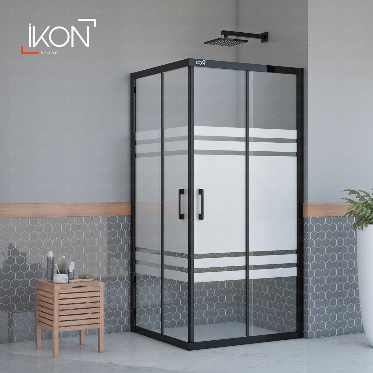 Enzo Dikdörtgen | Mat Siyah Buzlu 05 Duş Kabini H:190