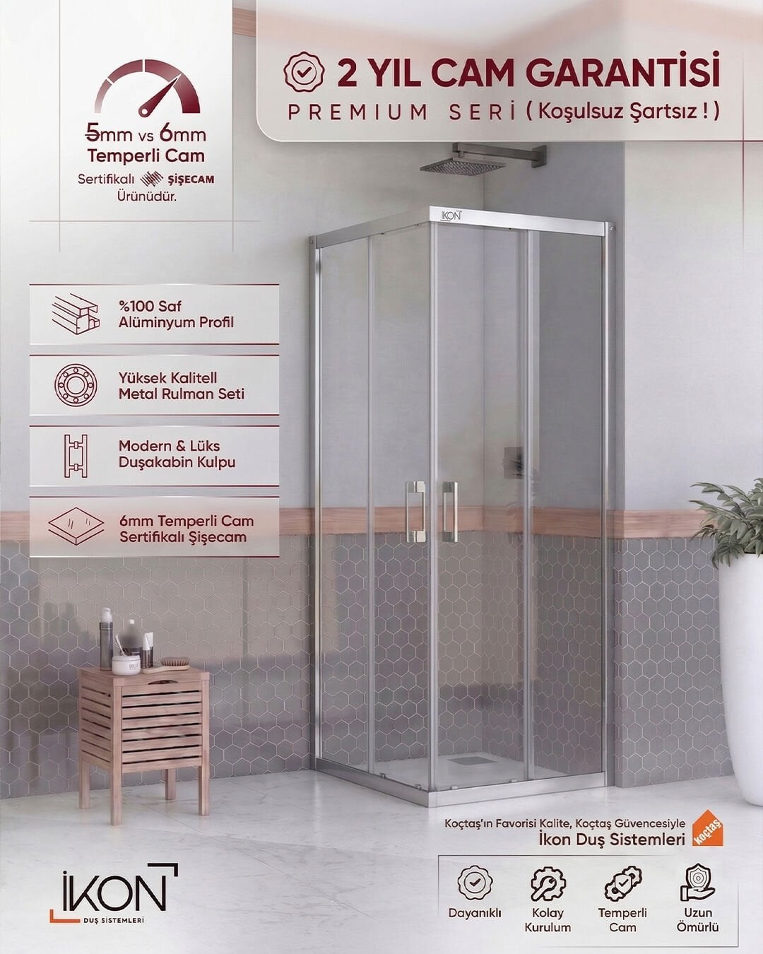 Enzo Kare | Krom Şeffaf Duş Kabini H:190