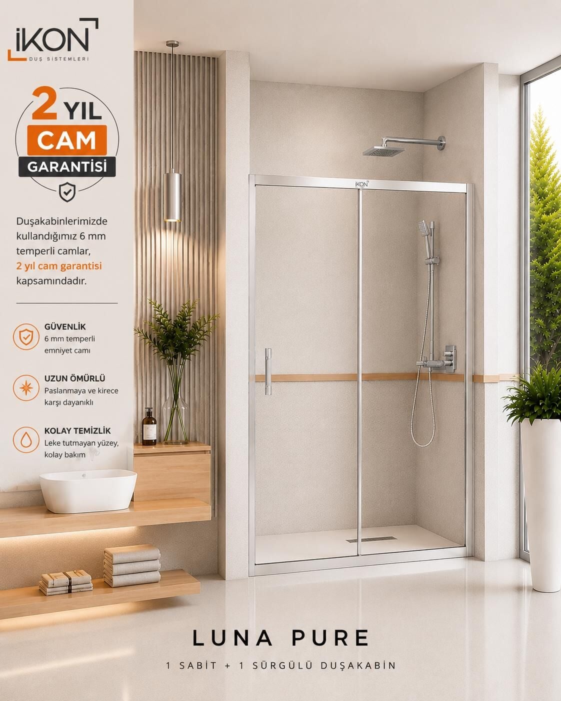 Enzo 1 Sabit 1 Sürgü | Krom Şeffaf Duş Kabini H:190