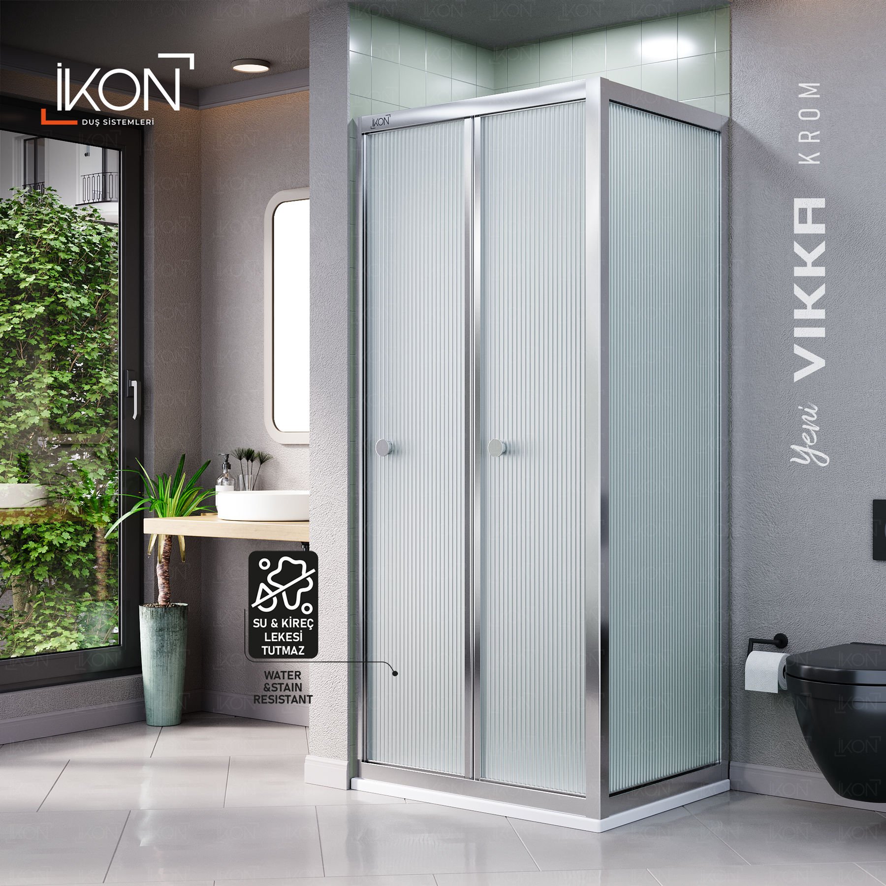 Vikka Katlanır Sabit Panelli | Krom Nervür Filmli Duş Kabini H:190
