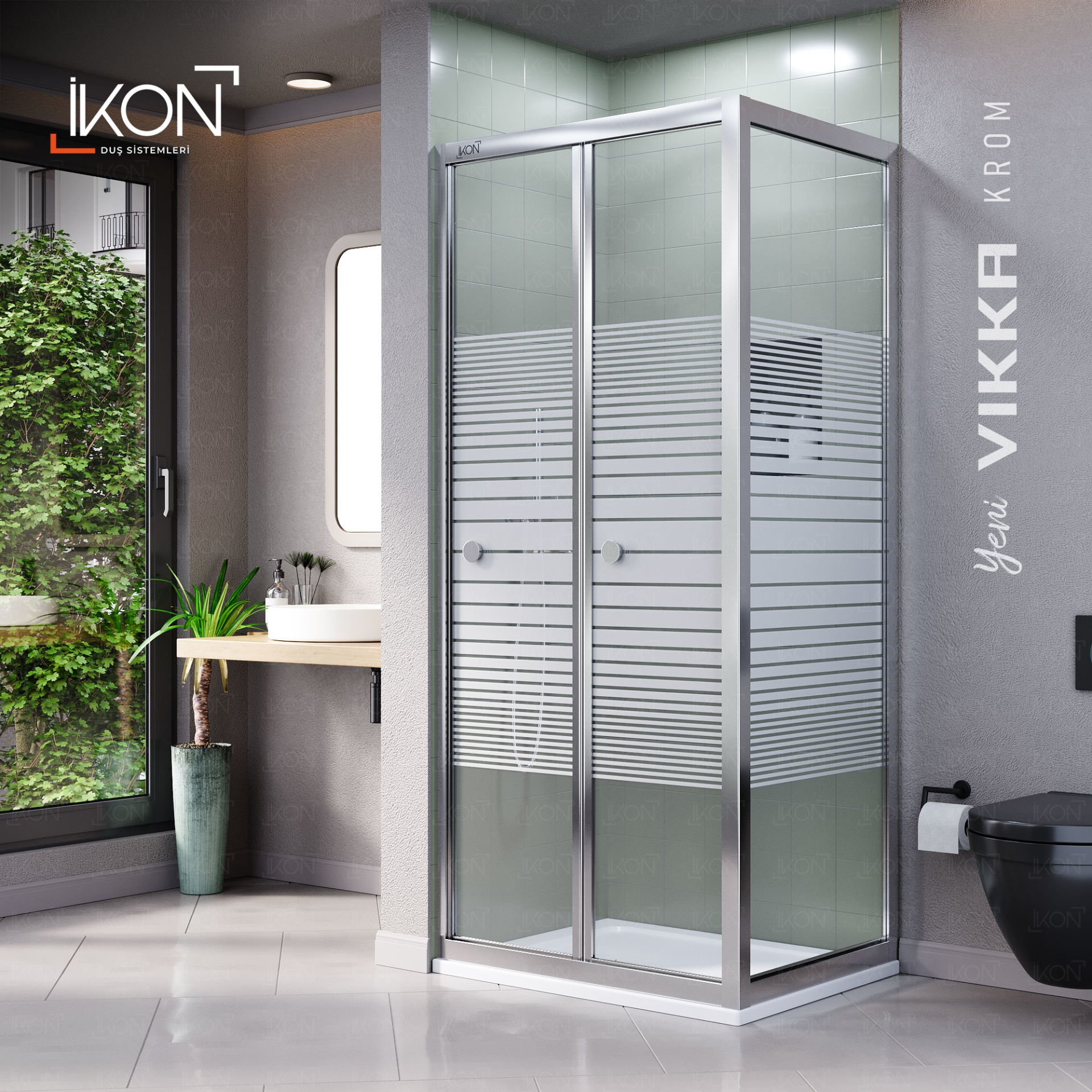 Vikka Katlanır Sabit Panelli | Krom Katlanır Buzlu Duş Kabini H:190