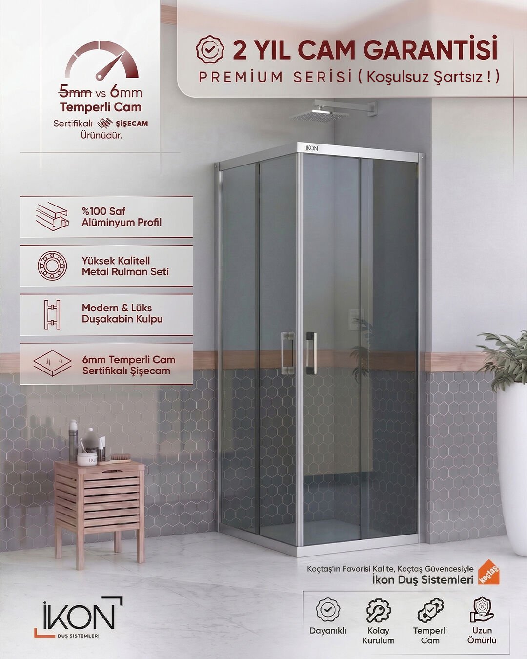 Enzo Kare | Krom Füme Duş Kabini H:190