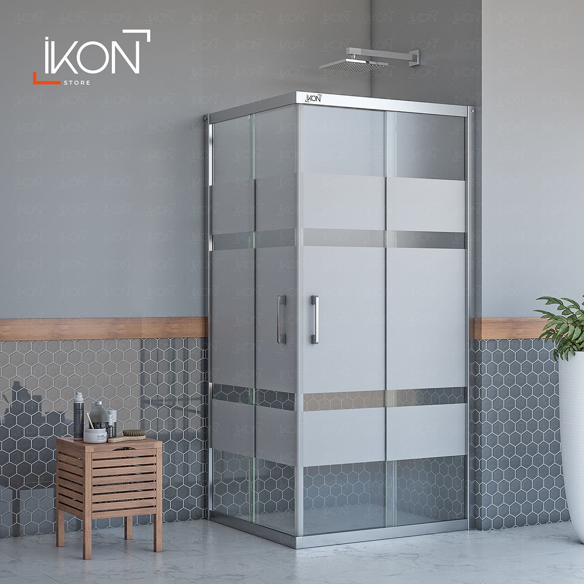 Enzo Dikdörtgen | Krom Buzlu 01 Duş Kabini H:190