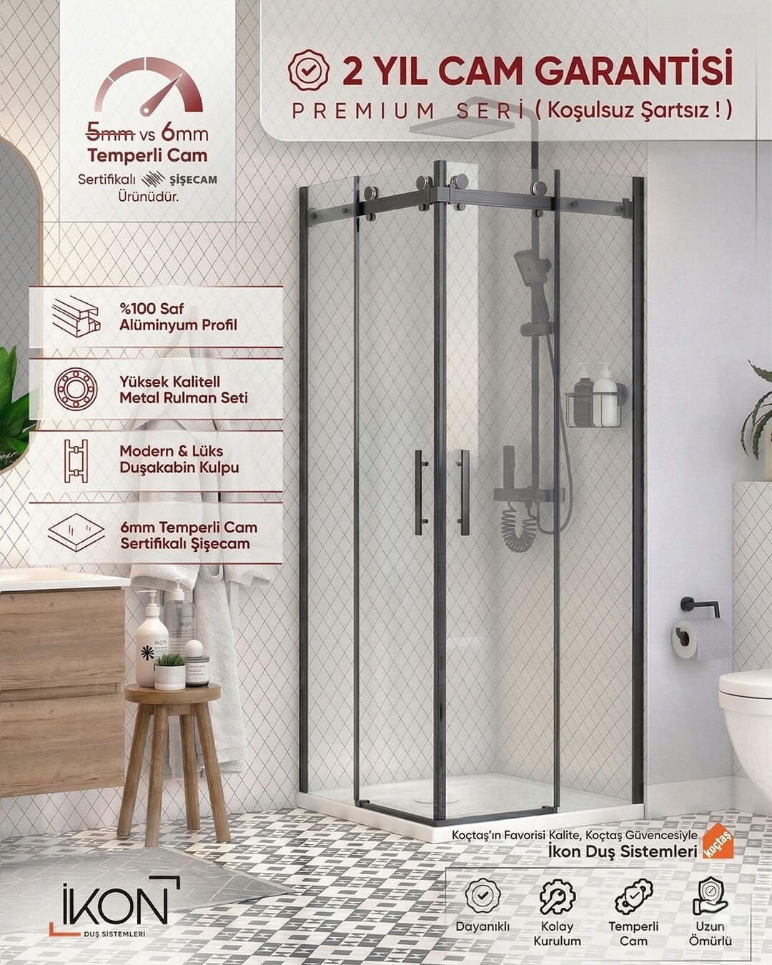 Prestige Kare |  Siyah Şeffaf Cam Sürgülü Lüks Kabin