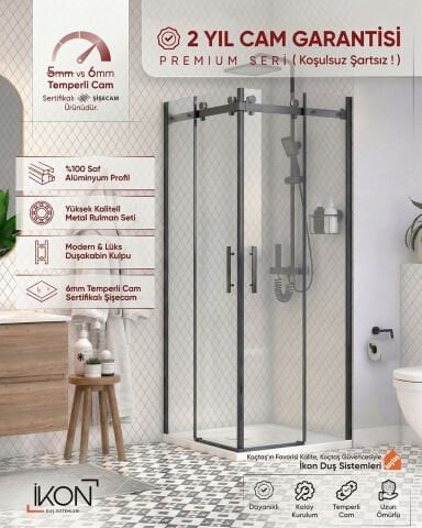 Prestige Kare |  Siyah Şeffaf Cam Sürgülü Lüks Kabin