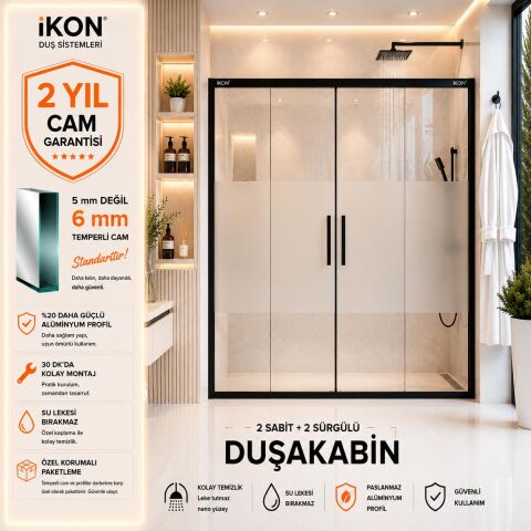 Enzo 2 Sabit 2 Sürgü | Mat Siyah Buzlu 03 Duş Kabini H:190