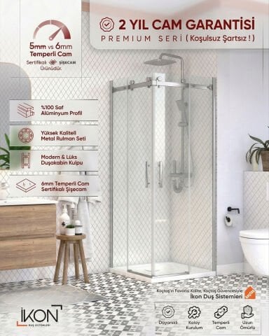 Prestige Kare |  Krom Şeffaf Cam Sürgülü Lüks Kabin