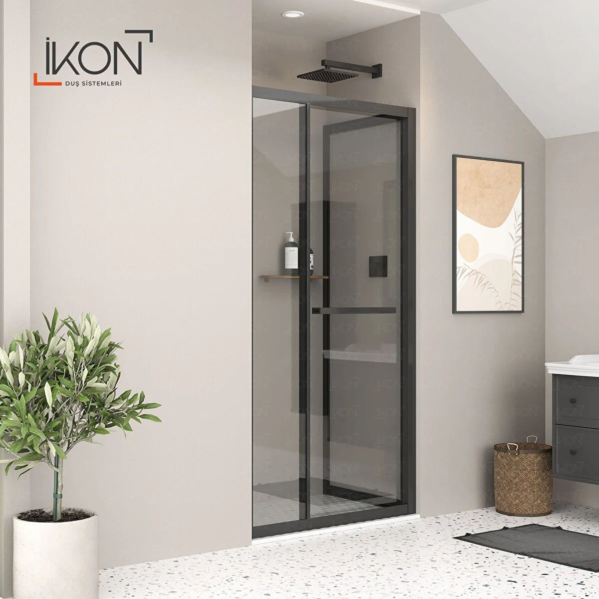 Enzo Plus İki Duvar Arası  | Siyah Şeffaf Cam İçe Katlanır Kapılı Duş Kabini
