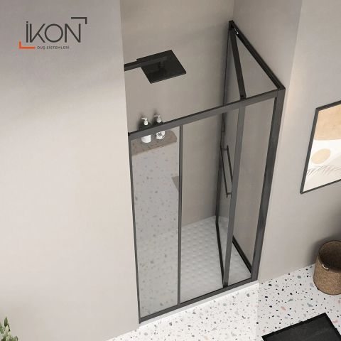 Enzo Plus İki Duvar Arası  | Siyah Şeffaf Cam İçe Katlanır Kapılı Duş Kabini