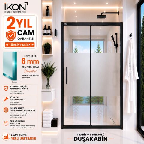 Enzo 1 Sabit 1 Sürgü | Mat Siyah Buzlu 03 Duş Kabini H:190