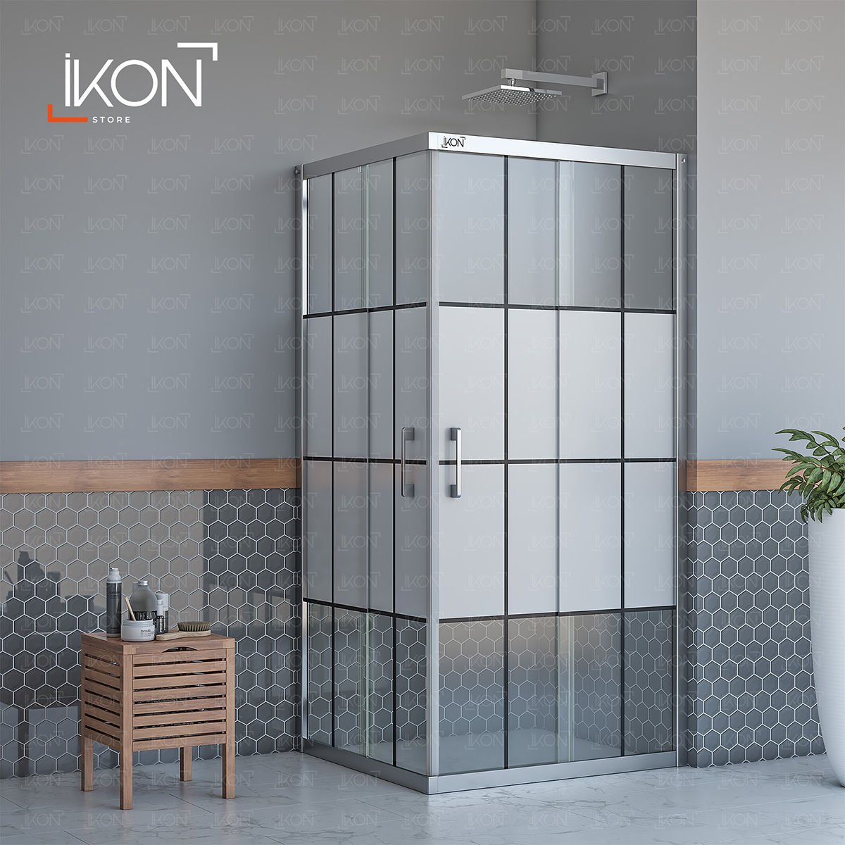 Enzo Dikdörtgen | Krom Karolaj Orta Buzlu Duş Kabini H:190