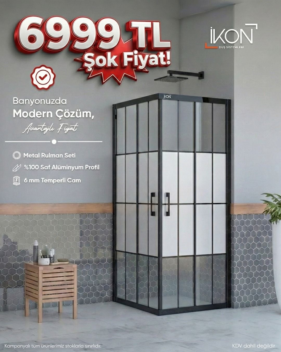 Enzo Kare | Mat Siyah Karolaj Orta Buzlu Duş Kabini H:190