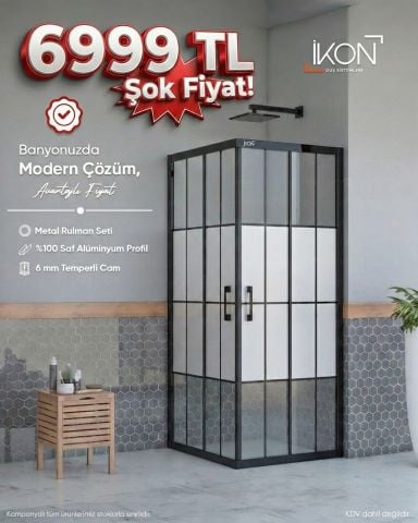 Enzo Kare | Mat Siyah Karolaj Orta Buzlu Duş Kabini H:190