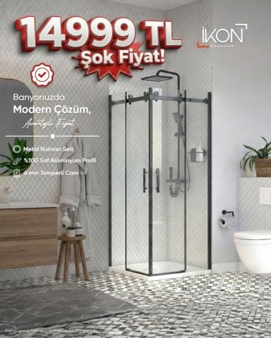 Prestige Kare |  Siyah Şeffaf Cam Sürgülü Lüks Kabin