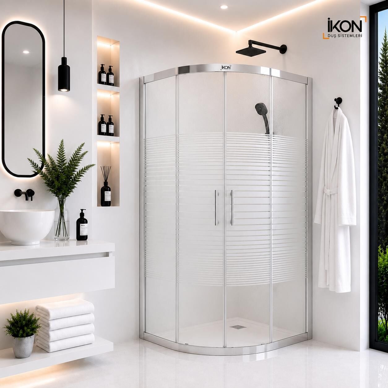 Enzo Oval | Krom Buzlu 02 Duş Kabini H:190