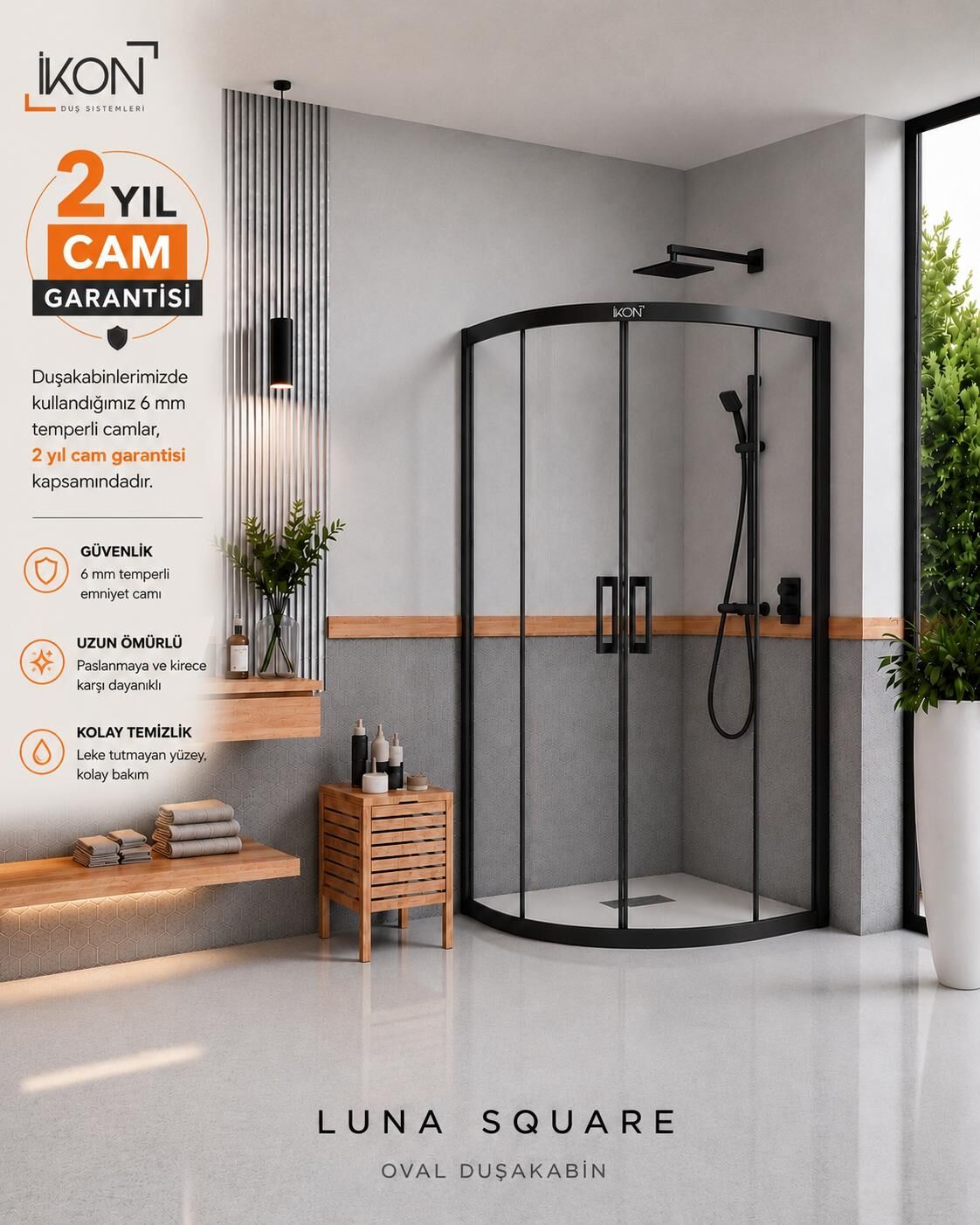 Enzo Oval | Mat Siyah Şeffaf Duş Kabini H:190
