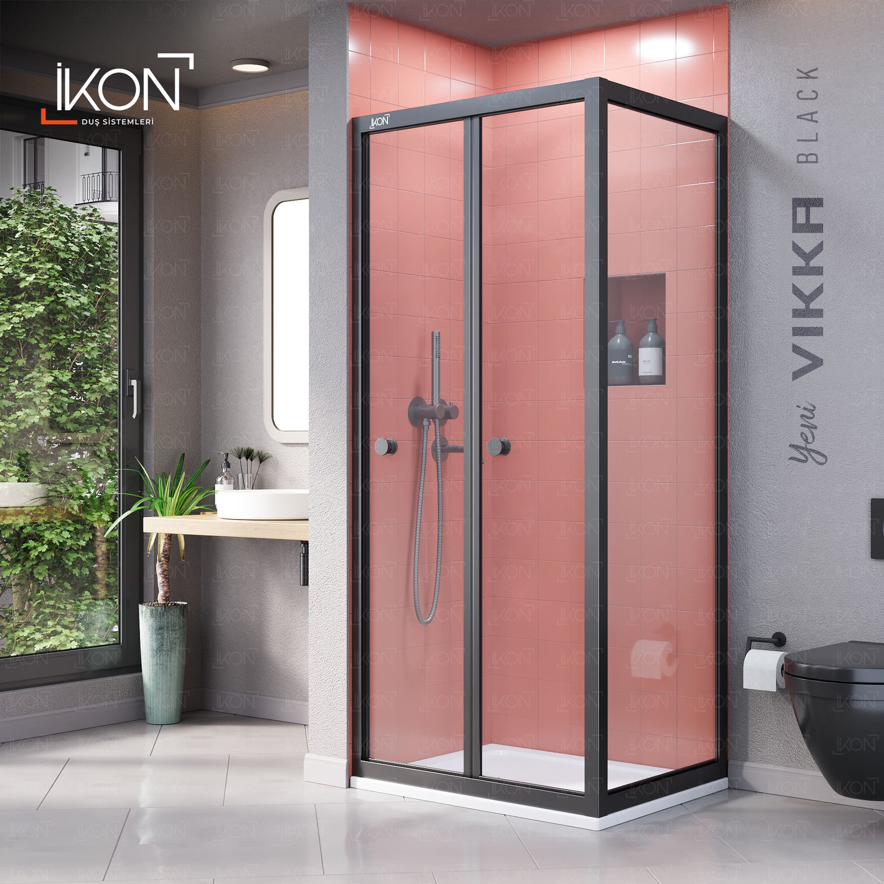 Vikka Katlanır Sabit Panelli | Siyah Şeffaf Duş Kabini H:190