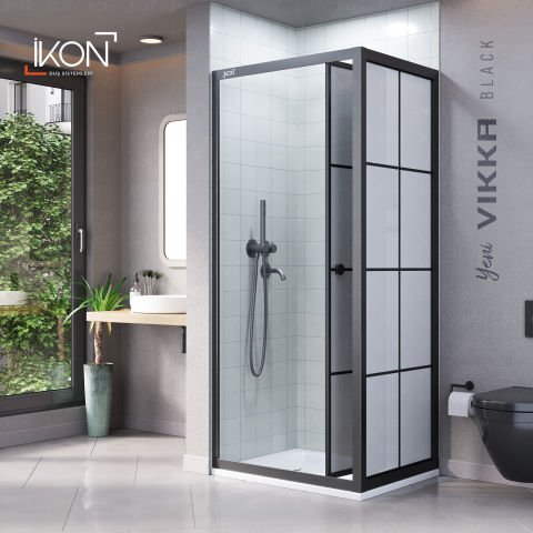Vikka Katlanır Sabit Panelli | Siyah Karolaj Duş Kabini H:190