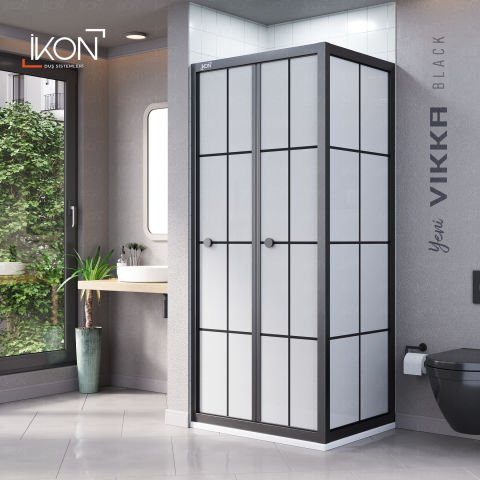 Vikka Katlanır Sabit Panelli | Siyah Karolaj Duş Kabini H:190