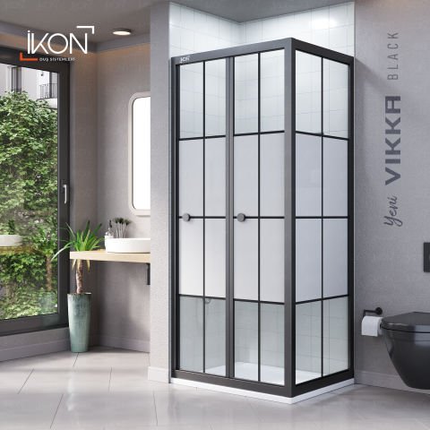 Vikka Katlanır Sabit Panelli | Siyah Karolaj Orta Buzlu Duş Kabini H:190