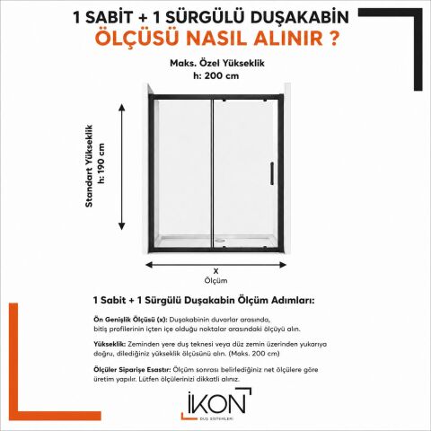 Enzo 1 Sabit 1 Sürgü | Mat Siyah Şeffaf Duş Kabini H:190