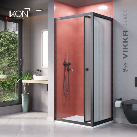 Vikka Katlanır Sabit Panelli | Siyah Nervür Filmli Duş Kabini H:190