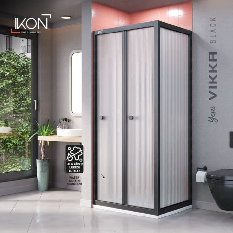 Vikka Katlanır Sabit Panelli | Siyah Nervür Filmli Duş Kabini H:190