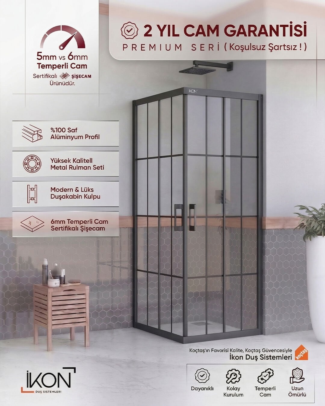 Enzo Kare | Mat Siyah Karolaj Duş Kabini H:190