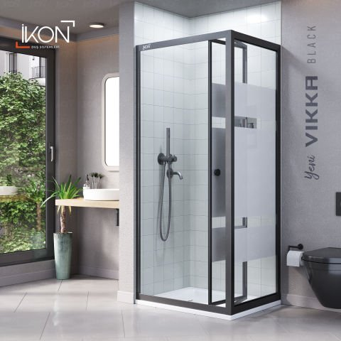 Vikka Katlanır Sabit Panelli | Siyah Katlanır Buzlu Duş Kabini H:190