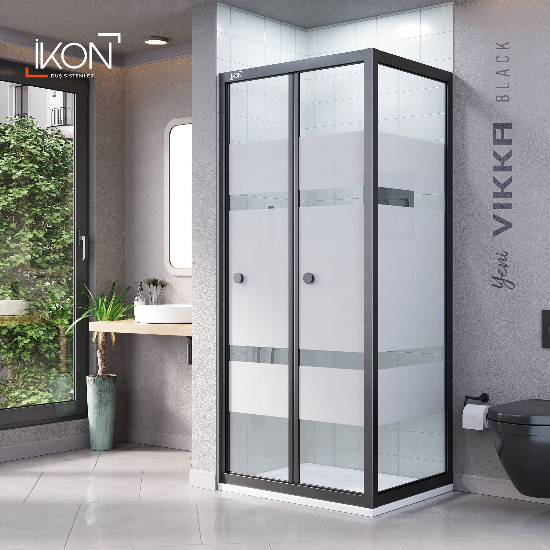 Vikka Katlanır Sabit Panelli | Siyah Katlanır Buzlu Duş Kabini H:190