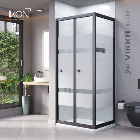Vikka Katlanır Sabit Panelli | Siyah Katlanır Buzlu Duş Kabini H:190