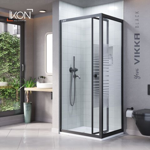 Vikka Katlanır Sabit Panelli | Siyah Katlanır Buzlu Duş Kabini H:190