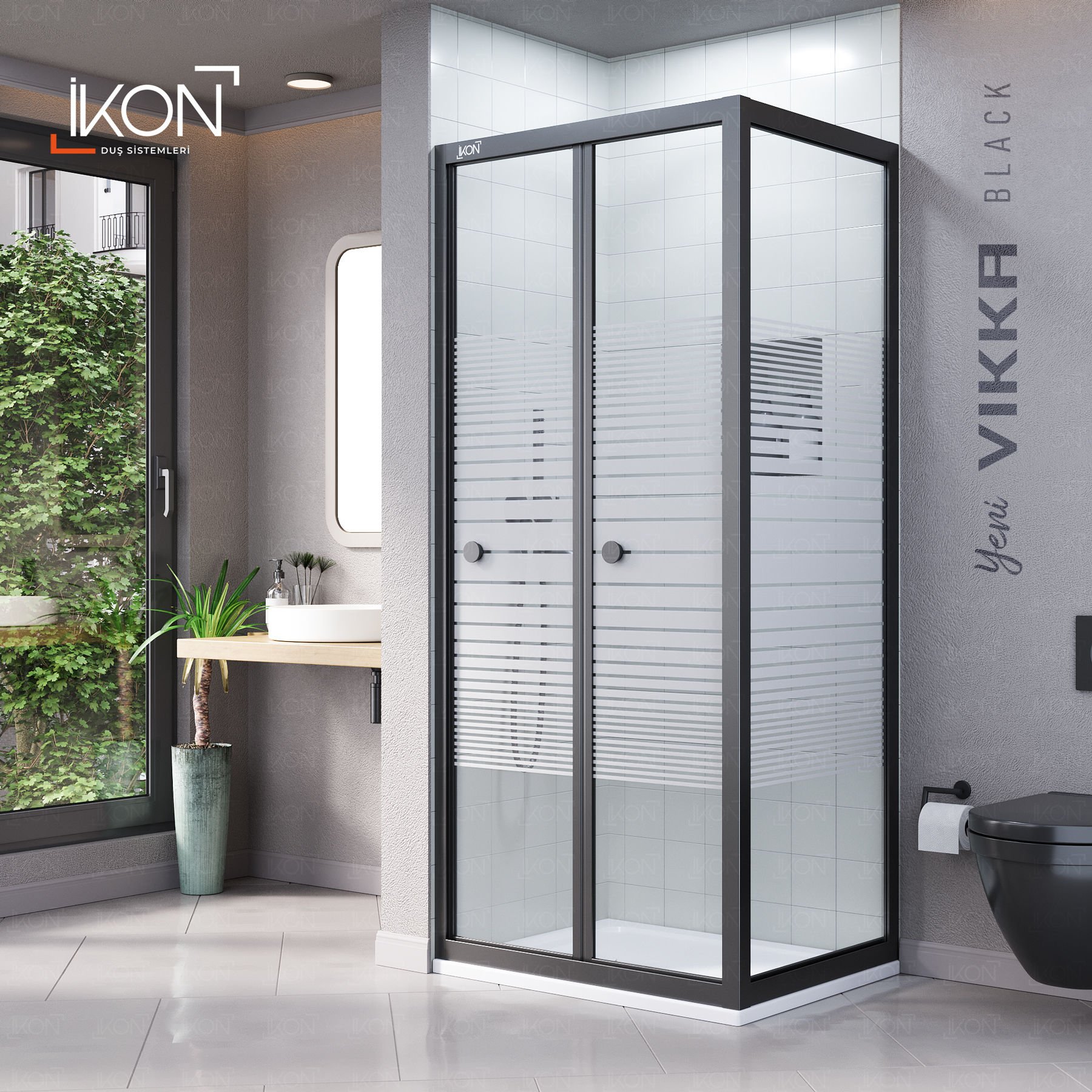 Vikka Katlanır Sabit Panelli | Siyah Katlanır Buzlu Duş Kabini H:190