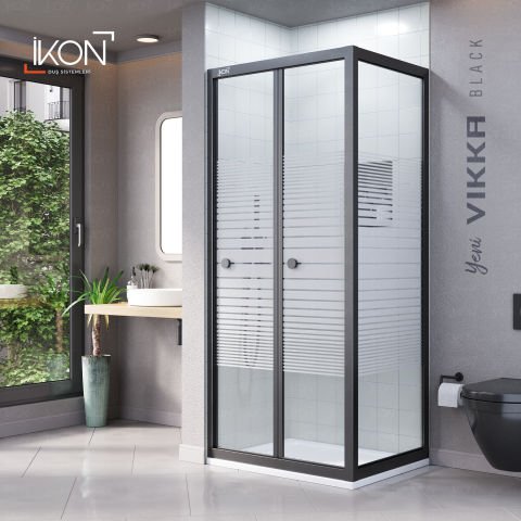 Vikka Katlanır Sabit Panelli | Siyah Katlanır Buzlu Duş Kabini H:190