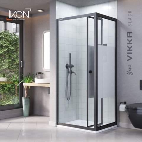 Vikka Katlanır Sabit Panelli | Siyah Katlanır Buzlu Duş Kabini H:190