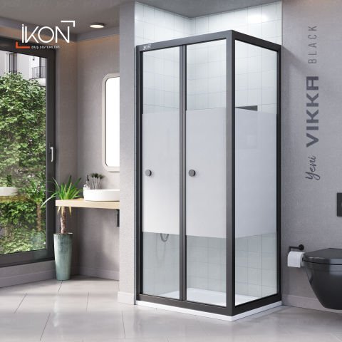 Vikka Katlanır Sabit Panelli | Siyah Katlanır Buzlu Duş Kabini H:190