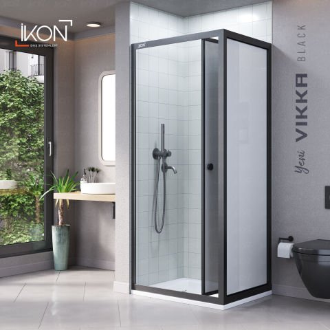 Vikka Katlanır Sabit Panelli | Siyah Katlanır Buzlu Duş Kabini H:190