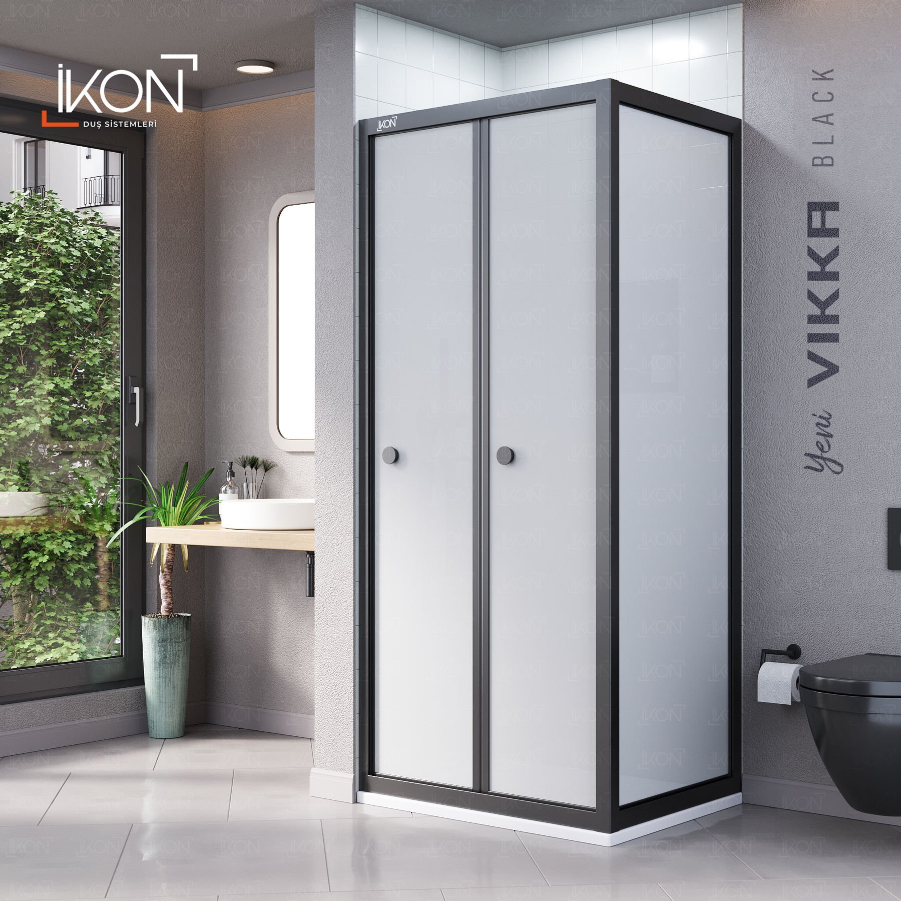 Vikka Katlanır Sabit Panelli | Siyah Katlanır Buzlu Duş Kabini H:190