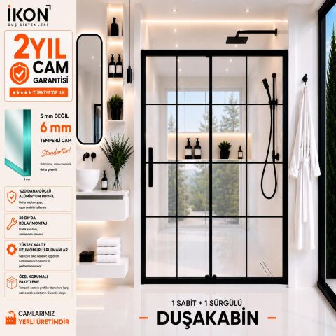 Enzo 1 Sabit 1 Sürgü | Mat Siyah Karolaj Duş Kabini H:190