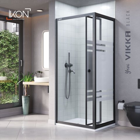 Vikka Katlanır Sabit Panelli | Siyah Katlanır Buzlu Duş Kabini H:190