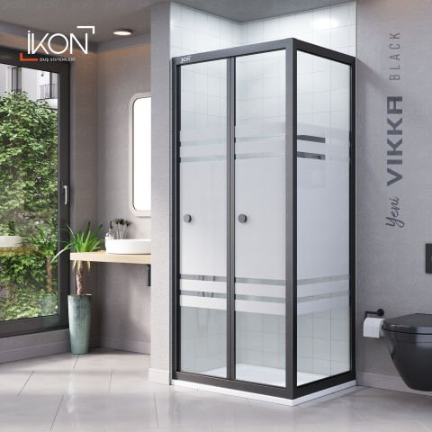 Vikka Katlanır Sabit Panelli | Siyah Katlanır Buzlu Duş Kabini H:190