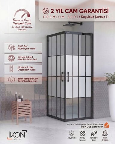 Enzo Kare | Mat Siyah Karolaj Orta Buzlu Duş Kabini H:190